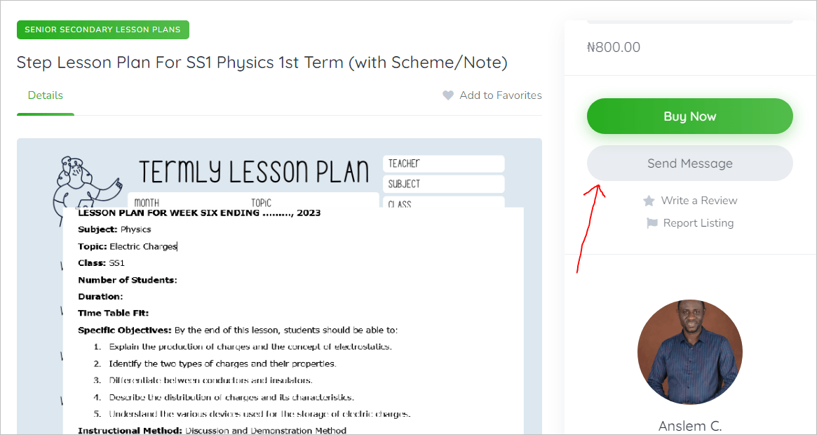 send message on TermlyPlan lesson plan and teaching resources marketplace